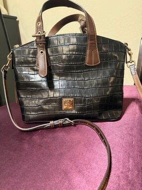 Dooney & Bourke Trina Black Croc-Embossed Leather Satchel with Brown Trim